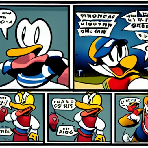 Prompt: funny comic pannel about donald duck score goal