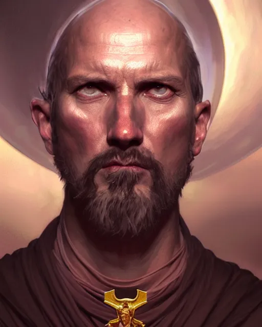 Image similar to realistic wide angle portrait of a nasty bishop, cross, evil, heroic pose, beautiful face, bible, full body, dramatic lighting, intricate, wild, highly detailed, digital painting, artstation, concept art, smooth, sharp focus, illustration, art by artgerm and greg rutkowski and alphonse mucha, footage from space camera