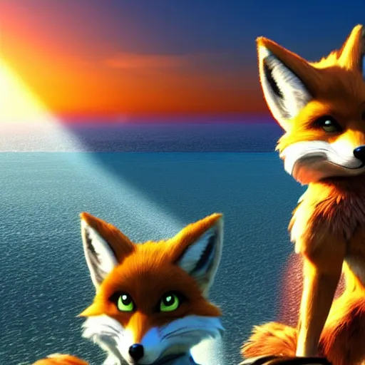 Image similar to high quality photo of star fox, fox mccloud, looking out at the ocean at sunset realism 8k award winning photo