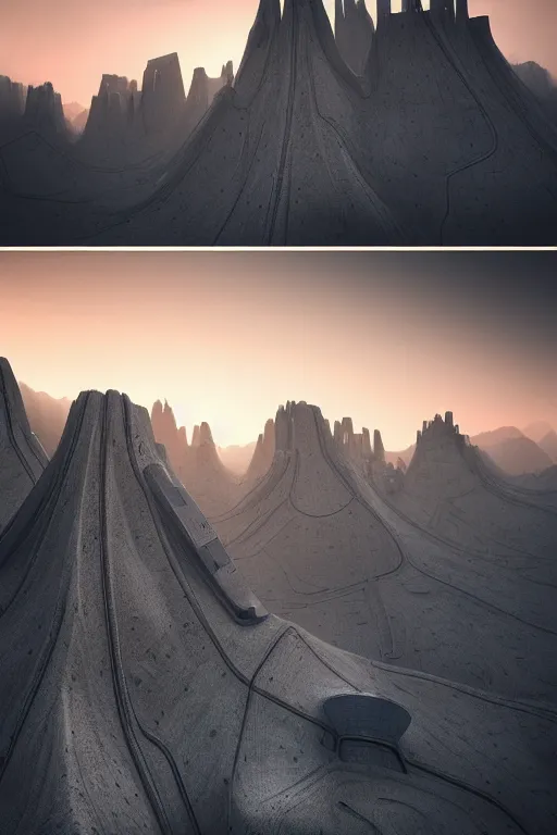 Image similar to sci - fi concrete brutalist architecture in the italian dolomites, zaha hadid, beksinski, photoreal, highly detailed, 8 k, hd, vray, artstation, trending on behance, cinematic matte painting, extreme detail photo quality, sunset, featured on behance