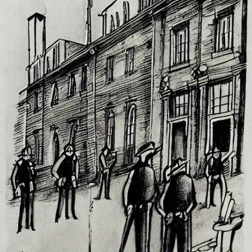 Image similar to The drawing depicts a police station in the Lithuanian city of Vilnius. In the foreground, a group of policemen are standing in front of the building, while in the background a busy street can be seen. screen printing by Heinrich Kley, by Wilfredo Lam daring, evocative