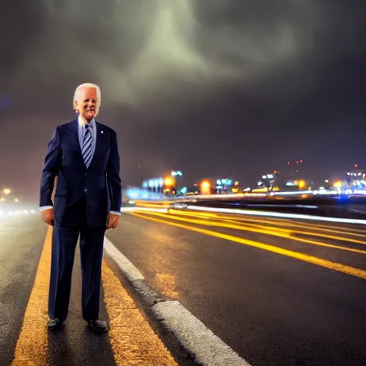 Prompt: joe biden standing in a city street in the middle of a stormy night, award winning long exposure photography