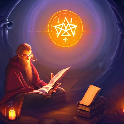 Image similar to A mage reading a spell book at a desk, as he reads the words runes float in the air. Magic, orange lighting, flux. High fantasy, digital painting, HD, 4k, detailed.