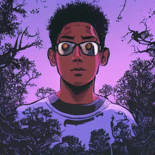 Image similar to in the style of ghostshrimp and juni ito and laurie greasley a young mixed race male explorer wearing a cyberpunk headpiece who is exploring in an enchanting and lush forest , low angle fish eye lens, highly detailed, 8k wallpaper