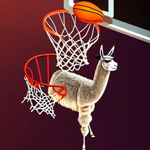 Image similar to a llama dunking a basketball, 4 k, digital art, high resolution, trending on artstation