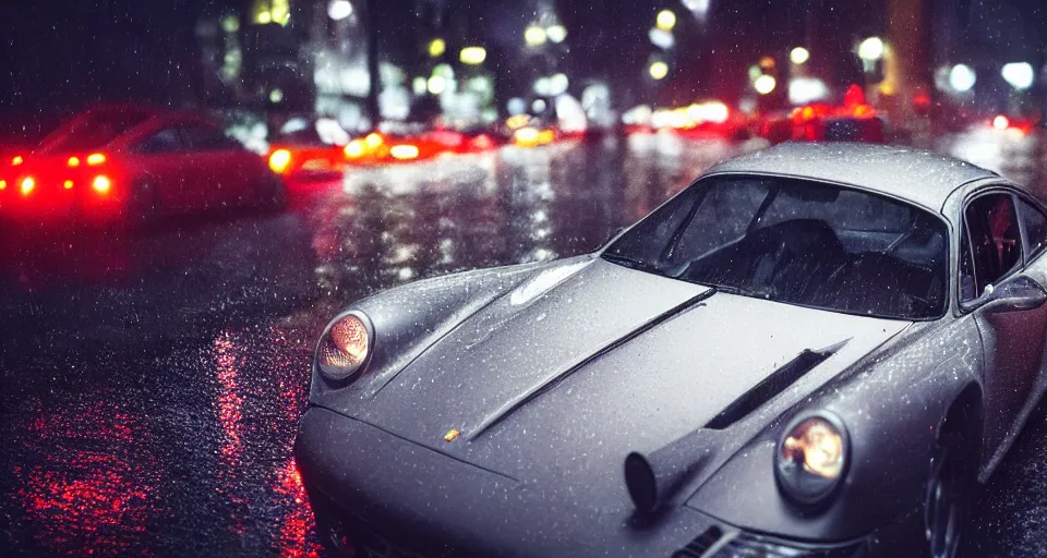 Image similar to close up macro shot of a porsche 9 1 1 car on wet city street at night, intricate, hyper detailed, smooth, high contrast, neon, volumetric lighting, octane, moebius, greg rutkowski, blade runner, ripley scott, cindmatic