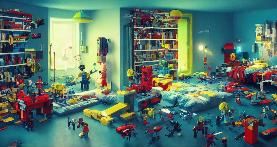 Prompt: IKEA catalogue photo, cyberpunk childrens bedroom, lego, mess by Beksiński