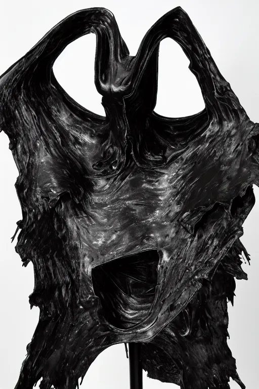 Prompt: ASYMMETRICAL brutalist surreal black-metal winged abstract sculpture made of glossy black liquid latex and industrial hardware, sharp irregular shapes, designed by hr giger, nancy grossman, anish kapoor, herman nitsch, rick owens, helmut lang, 8k, hyperrealistic, hyper-detailed, highly textured, gloss finish, dark volumetric lighting