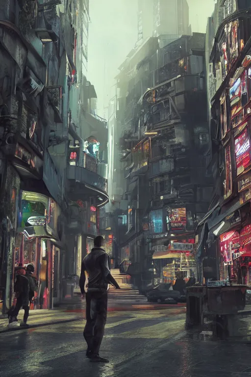 Image similar to in the foreground a Parisian street, in the background a dark-haired man from behind wearing a long matrix style jacket and starting to fly away, realistic, high definition, great detail, dramatic scene, detailed and realistic hands, symmetrical face, realistic eyes, cyberpunk art 2077