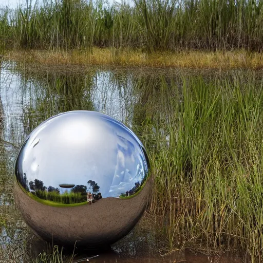 Image similar to a large metallic ball with a mirror finish sits in the florida everglades covered in mud, photorealistic