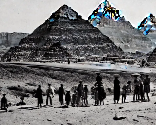 Prompt: a photo from the early 1800s of people examining a spaceship in front of the Pyramids at Giza