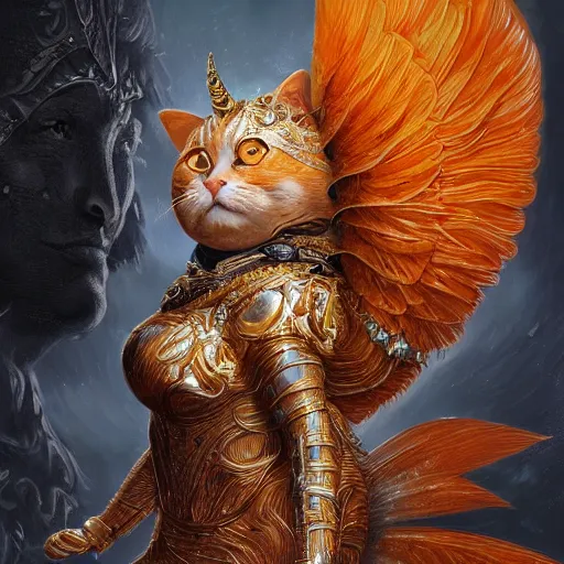 Image similar to a fat orange cat wearing a silver armor with golden ornaments and diamonds jewelry, wings by alex gray and android jones, karol bak, ayami kojima, amano, concept art, character design, fantasy, 3 d, 8 k resolution