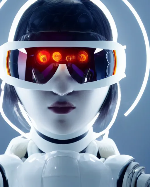 Image similar to centered portrait photo of young lorena herrera as a solarpunk mecha humanoid robotic parts wearing goggles with bright lights, real human face, pudica pose, inside white room, ultra - realistic and detailed, 8 k