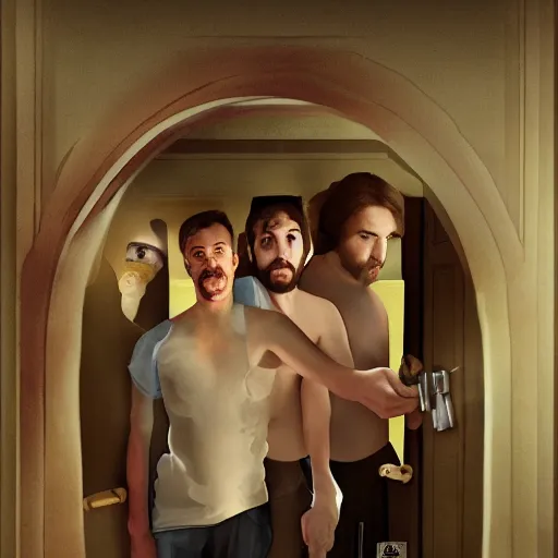 Prompt: poster for a short liminal film called'liminal'about four male roommates that find a tiny hidden door. movie poster, advertisement, renaissance painting, sharp, high detail, trending on artstation, cinematic