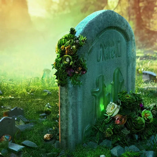 Image similar to side view of a beautiful abandoned tombstone with an embedded emerald, overgrown foliage with flowers taking over it, close - up, 3 5 mm, biopunk, bokeh, beautiful, lens flare, emotional, detailed, picture, trending on artstation, award - winning, shiny, golden, angle view, octane render