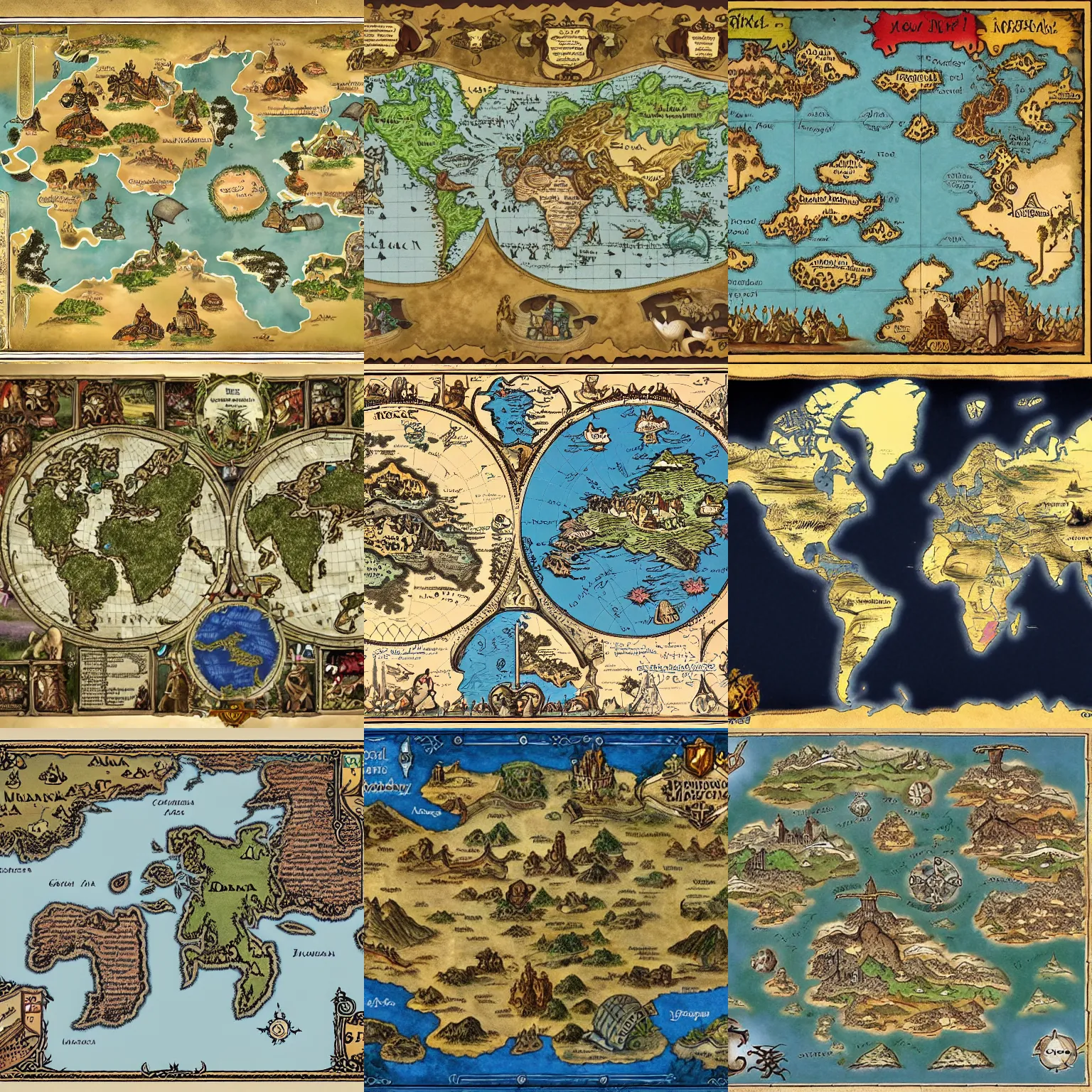 Prompt: medival fantasy world map with multiple continents
