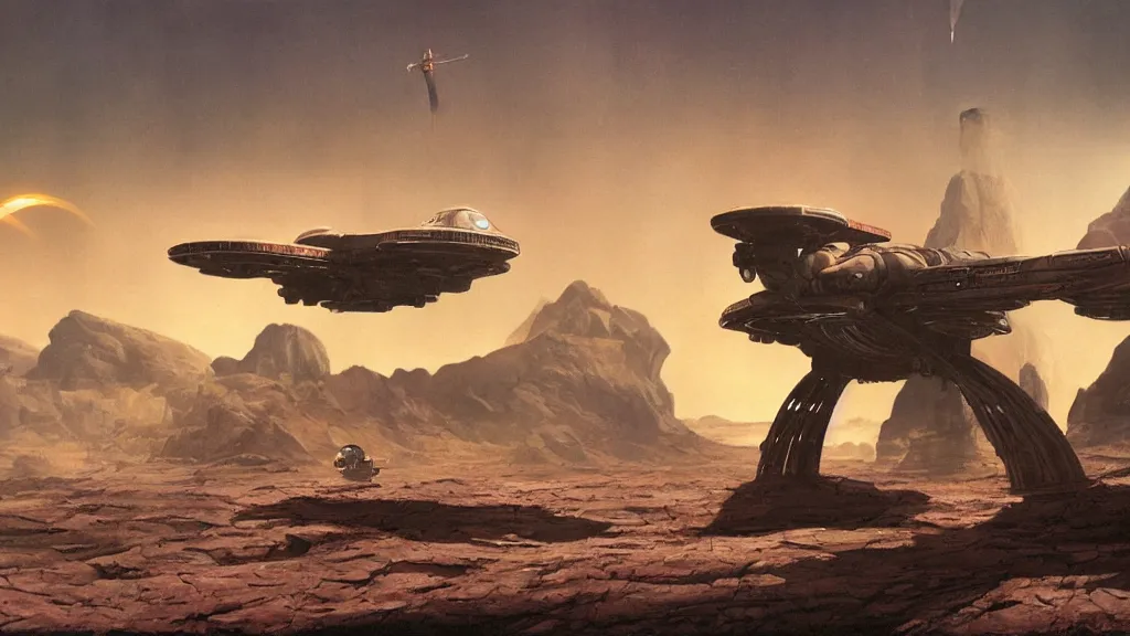 Image similar to small organic dropship lander by john schoenherr and jim burns, epic cinematic matte painting