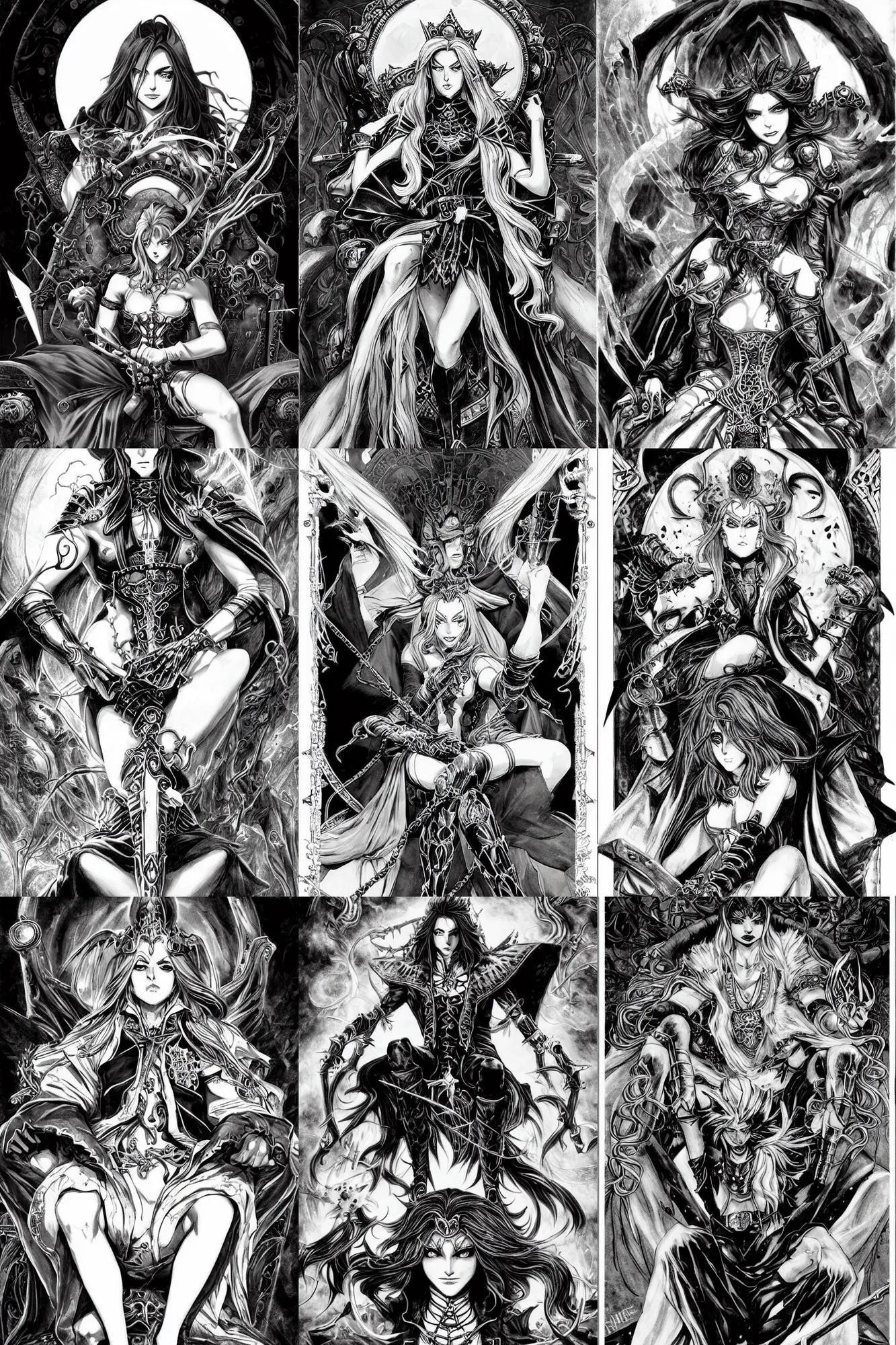 Prompt: Castlevania Witch, magic the gathering sorceress, sitting on a throne, Jojo's Bizarre Adventure Cover Art, black and white, manga, highly detailed, beauty, art by Tim Burton, intricate, elegant, J. C. Leyendecker