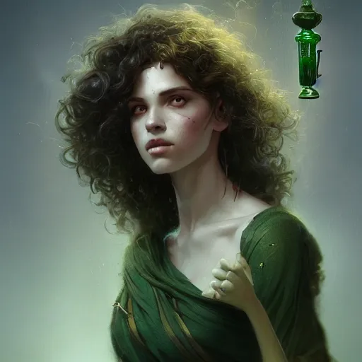 Prompt: gorgeous italian girl with ringlets holding a green potion, HD, D&D 4k, 8k, incredibly detailed, intricate, masterpiece, digital illustration by greg rutkowski and tom bagshaw, trending on artstation, character design, concept art