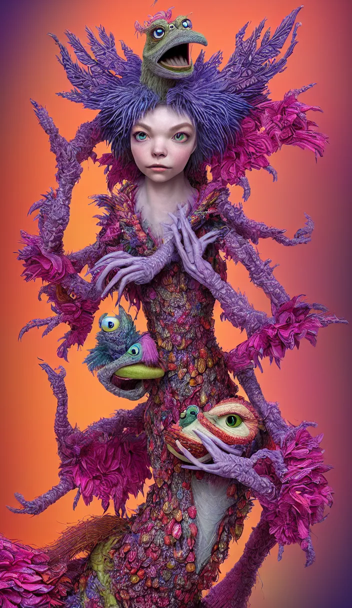 Image similar to hyper detailed 3d render like a Oil painting - kawaii portrait of quirky Aurora (a beautiful skeksis muppet fae queen from dark crystal that looks like Anya Taylor-Joy) seen red carpet photoshoot in UVIVF posing in scaly dress to Eat of the Strangling network of yellowcake aerochrome and milky Fruit and His delicate Hands hold of gossamer polyp blossoms bring iridescent fungal flowers whose spores black the foolish stars by Jacek Yerka, Ilya Kuvshinov, Mariusz Lewandowski, Houdini algorithmic generative render, Abstract brush strokes, Masterpiece, Edward Hopper and James Gilleard, Zdzislaw Beksinski, Mark Ryden, Wolfgang Lettl, hints of Yayoi Kasuma and Dr. Seuss, octane render, 8k