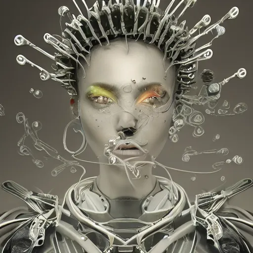 Image similar to closeup portrait of an absurdly beautiful, graceful, sophisticated, fashionable cyberpunk mechanoid gravure idol, ultrafine hyperdetailed illustration by irakli nadar, matt wisniewski style, marvel comics, intricate linework, porcelain skin, neon jellyfish headdress, ivory carved ruff, unreal engine 5 highly rendered, global illumination, radiant light, detailed and intricate environment