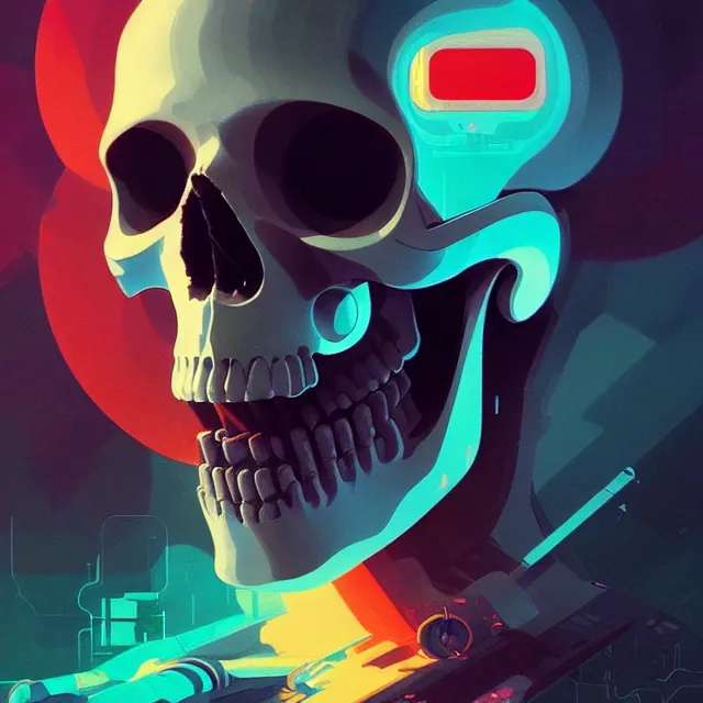 Prompt: a beautiful painting of a 7 0 s sci - fi skull by sachin teng and pascal blanche and john harris and greg rutkowski. in style of futurism art. ( ( colorful comic ) ), film noirs, brush stroke, vibrating colors, hyper detailed. 4 k texture. octane render. trending on artstation