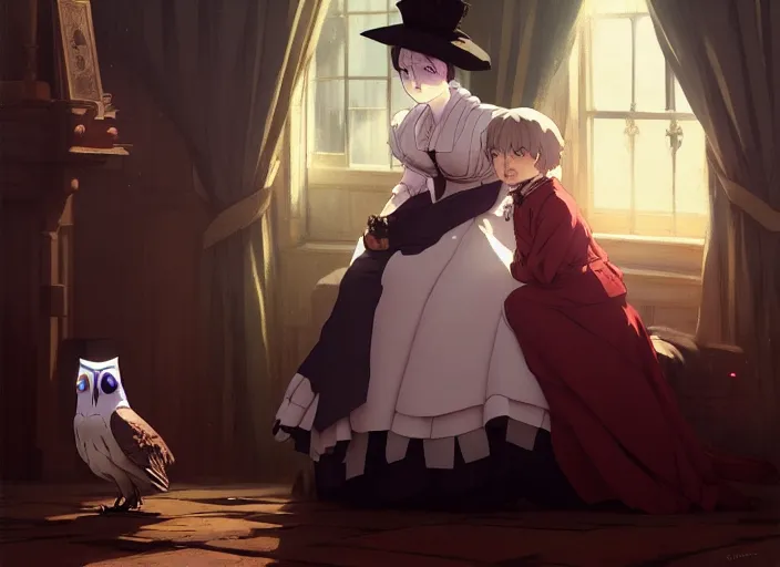 Image similar to victorian britain 1 8 3 5, florence nightingale travelling in a carriage with her pet owl in the pocket of her apron gapmoe yandere grimdark, trending on pixiv fanbox, painted by greg rutkowski makoto shinkai takashi takeuchi studio ghibli