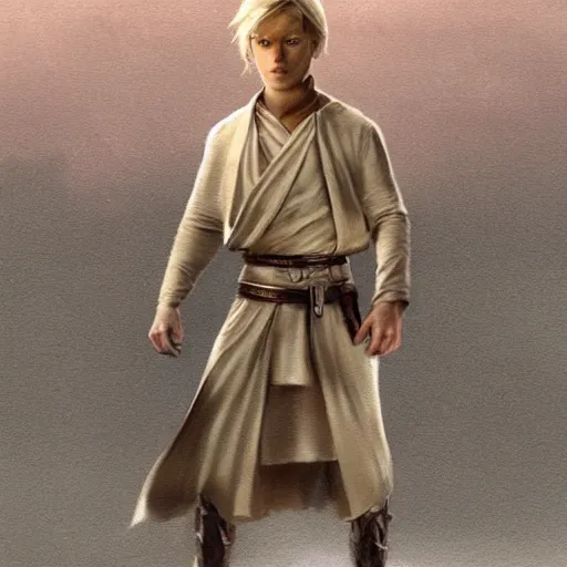 Image similar to a young blonde male jedi with short hair looking away at a threat full body shot concept art by Doug Chiang cinematic concept art, realistic painting, high definition, digital art, matte painting, symmetrical, very detailed, realistic, dramatic lighting, cinematic, establishing shot, extremely high detail, photo realistic, cinematic lighting, post processed, concept art, artstation, matte painting, red color scheme