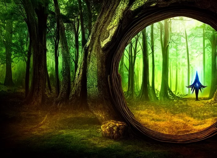 Prompt: photo of a portal to another world. Forest in the background. Fantasy magic style. Highly detailed 8k. Intricate. Nikon d850 55mm. Award winning photography.