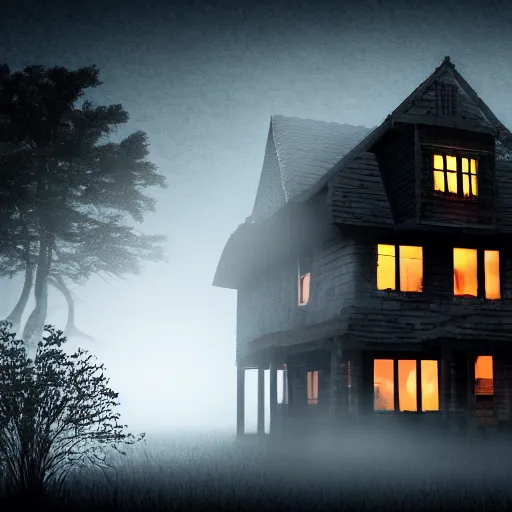 Prompt: village horror house in forest darkness dark render fog highly detailed