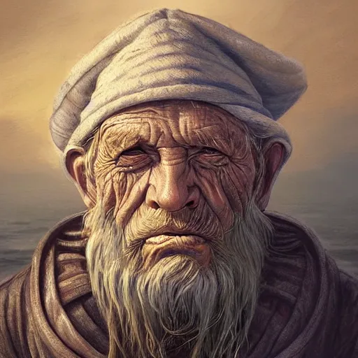 Prompt: digital painting of a wrinkled old fisherman by filipe pagliuso and justin gerard, symmetric, fantasy, highly, detailed, realistic, intricate