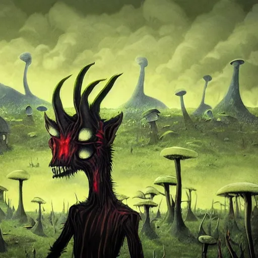 Image similar to 4 k headshot portrait of a psychedelic demonic anthropomorphic wendigo smoking a hand - rolled cigarette smoking heavily, magic mushroom village in background. award winning. superb resolution. in the art style of junji ito and greg rutkowski. detailed mushroom city in background. hyper realistic anime. perfect art. dalle 2