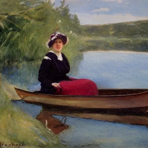 Image similar to An edwardian woman sitting in a boat on a calm lake in the style of Anders Zorn