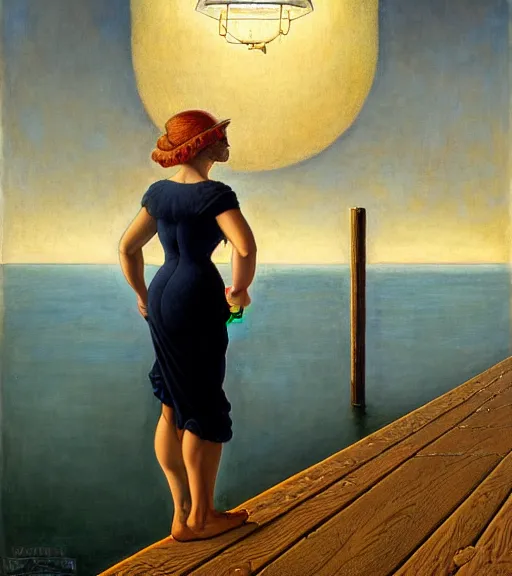 Image similar to a fancy beautiful young lady standing on a wharf at the edge of the sea by rob gonsalves and brom and gil elvgren and jean delville and william blake and norman rockwell and dan mumford, crisp details, hyperrealism, high detail, high contrast, low light, grey mist, cobblestones, dim lantern