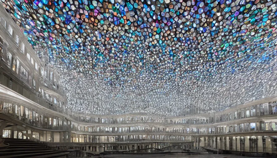 Prompt: a large building that has a lot of lights on it, a digital rendering by Zaha Hadid, featured on shutterstock, art nouveau, hall of mirrors, glowing lights, constructivism