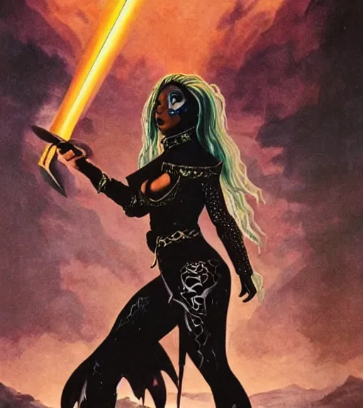 Image similar to 1 9 8 0 s fantasy novel book cover, nicki minaj in bikini armor holding a cartoonishly huge sword, dark smoky background, menacing dragon within the shadows