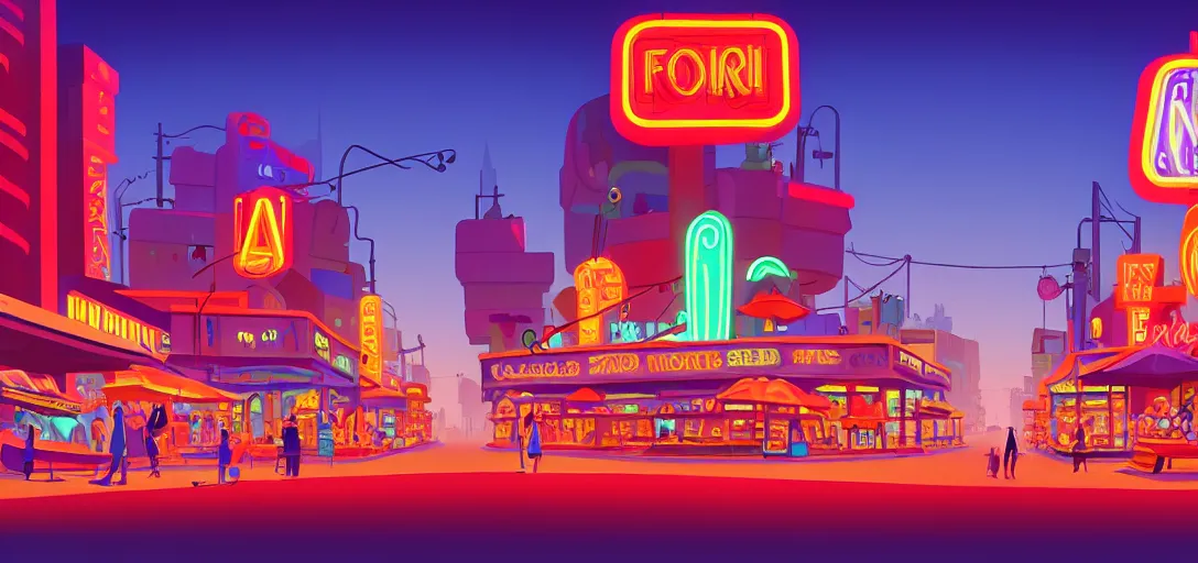 Image similar to futuristic main street los angeles cityscape with markets and shops and neon signs and terraces, visual development by lou romano, evening at dusk, pixar, disney, stylised, dynamic lighting, octane