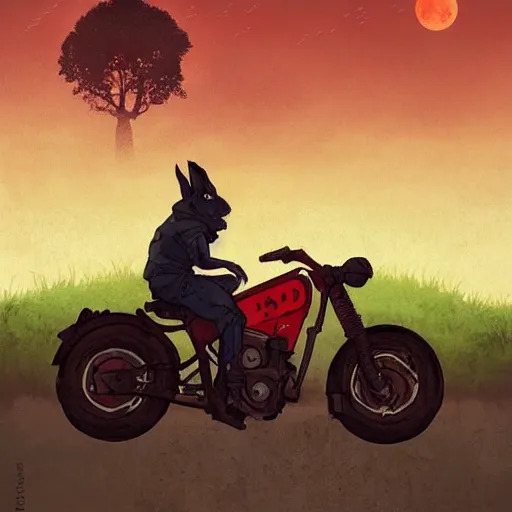 Prompt: bunny wearing a leather jacket riding a motorbike during sakura season on a blood moon by simon stalenhag, rule of thirds, dynamic pose, action pose, beautiful landscape