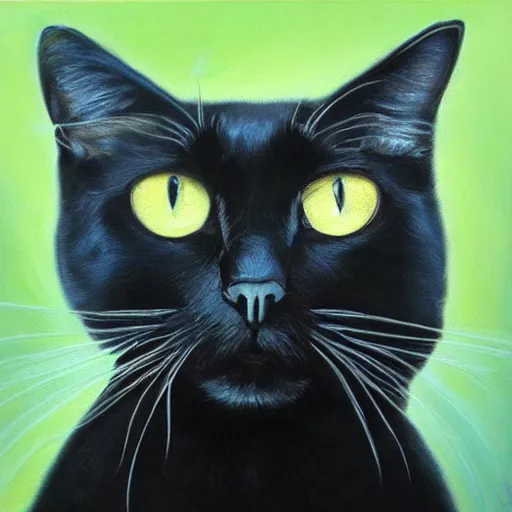 Prompt: spectacular oil painting of a black cat with green eyes