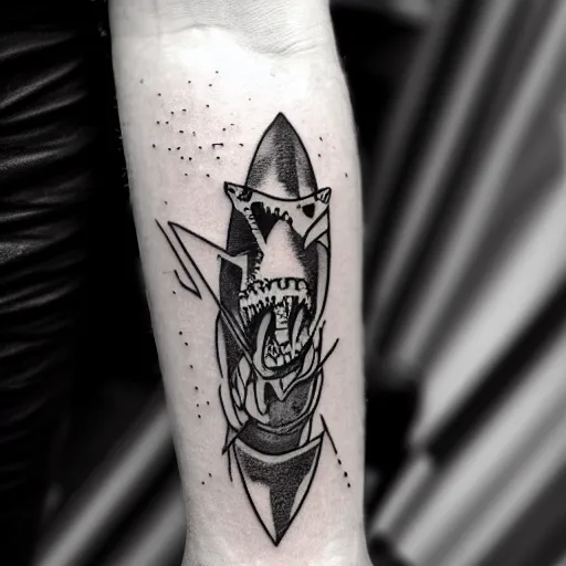 Prompt: flash tattoo of skeleton riding rocket in the shape of shark, black and white by sailor jerry, curt montgomery, bangbangnyc, ryan ashley, killkenny