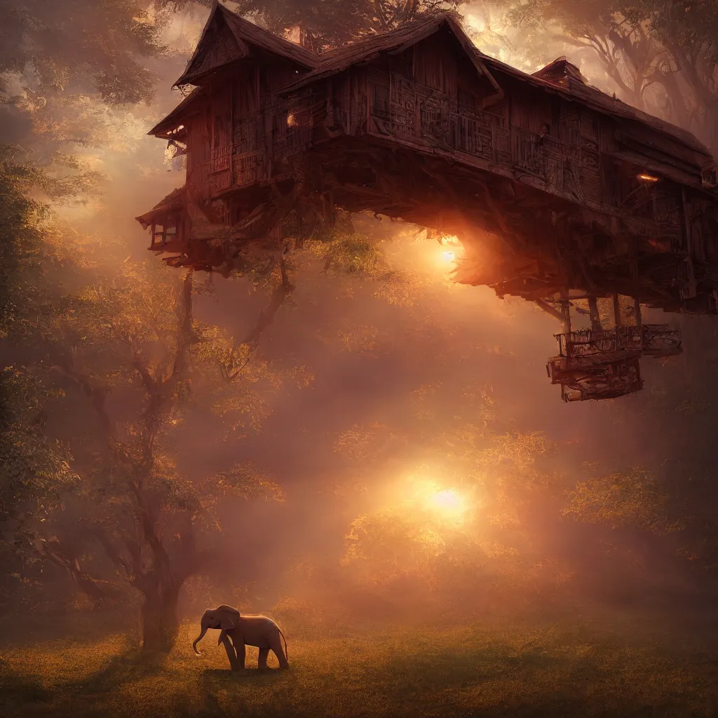 Image similar to one elephant in a wooden house, red crystal, art station, volumetric lighting, beautiful, golden hour, sharp focus, ultra detailed, concept art