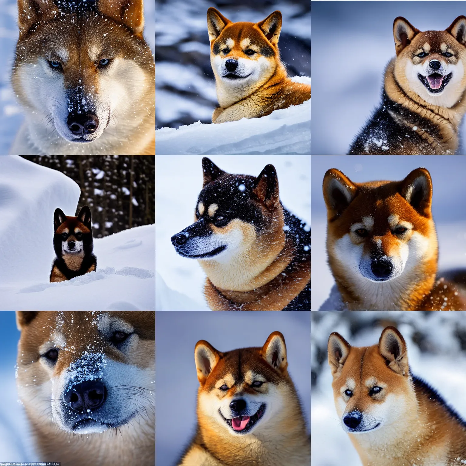 Prompt: award winning wildlife photography, shiba inu on a snowy mountain, close up of face, zoom in on face, surrounded by snow, wildlife photography by Paul Nicklen