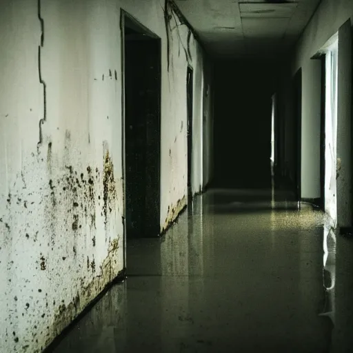 Image similar to dark hallway, dim lighting, water dripping from ceiling, broken walls