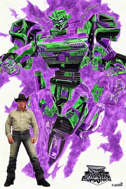 Image similar to portrait of cowboy johnny cash as purple green optimus prime power ranger from transformers surfing tonic stimulant fluids on air guitar zord UFO hoverboard, intricate, highly detailed, smooth, artstation, digital illustration by Lisa Frank and Ruan Jia and Mandy Jurgens and Artgerm and Wayne Barlowe and Greg Rutkowski and Zdislav Beksinski