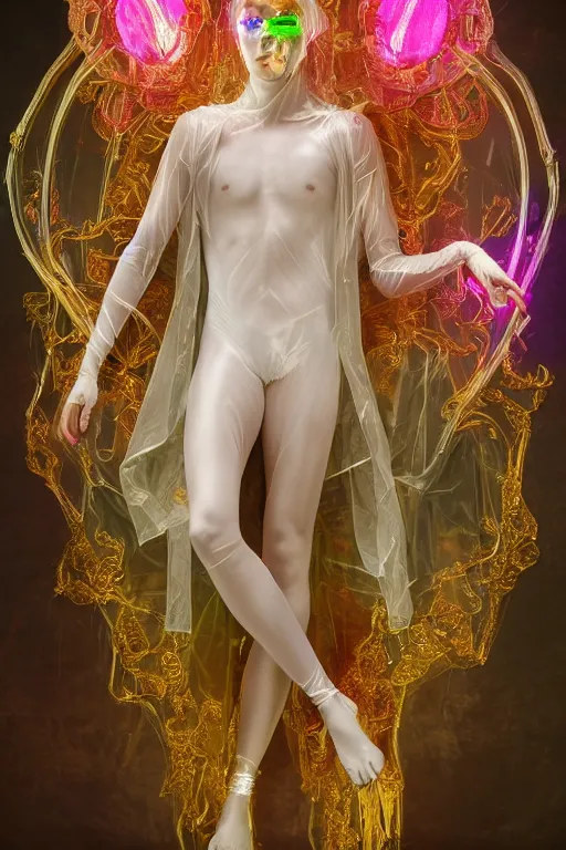 Image similar to full-body rococo and cyberpunk delicate neon crystalline sculpture of (((muscular slender Spanish male))) as an iridescent humanoid deity wearing a thin see-through ((plastic hooded cloak)) sim roupa, reclining con (las piernas abiertas), glowing pink face, crown of (((white lasers))), large diamonds, swirling black silk fabric. futuristic elements. oozing glowing liquid, full-length view. space robots. (((human skulls))). throne made of bones, intricate artwork by caravaggio. Trending on artstation, octane render, cinematic lighting from the right, hyper realism, octane render, 8k, depth of field, 3D