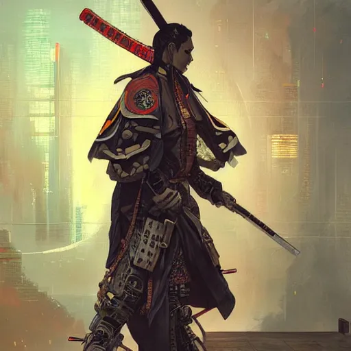 Image similar to cyberpunk samurai ,with techware , D&D, intricate, elegant, highly detailed, digital painting, japanese , altered carbon style,trending on artstation, concept art, illustration, art by Artgerm and Greg Rutkowski and Alphonse Mucha