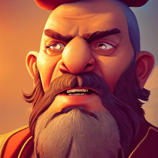 Image similar to portrait of an old pirate captain, big brown beard, strong chin, eyepatch, mattepainting concept blizzard pixar maya engine on stylized background splash comics global illumination lighting artstation lois van baarle, ilya kuvshinov, rossdraws