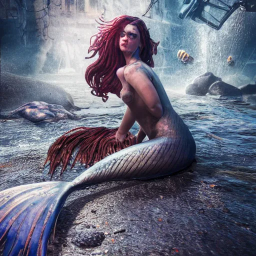 Image similar to a sad mermaid smothered in motor oil and thrash, wildlife photography, ultra realistic, concept art, intricate details, highly detailed, photorealistic, octane render, 8 k, unreal engine,