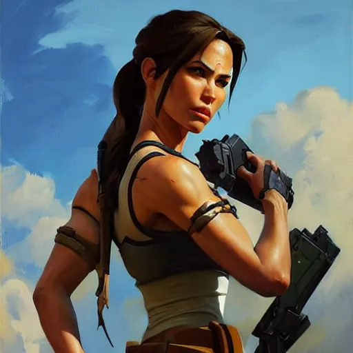 Image similar to Greg Manchess portrait painting of Lara Croft as Overwatch character, medium shot, asymmetrical, profile picture, Organic Painting, sunny day, Matte Painting, bold shapes, hard edges, street art, trending on artstation, by Huang Guangjian and Gil Elvgren and Sachin Teng