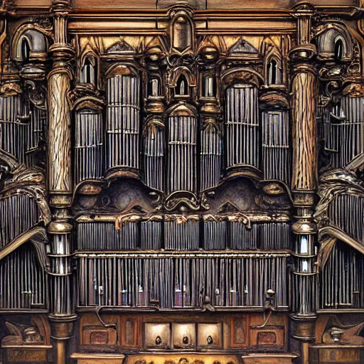 Image similar to tech noir pipe organ lp album art, intricate detail, mechanical, baroque oil painting by alan lee and jim burns, wild west architecture